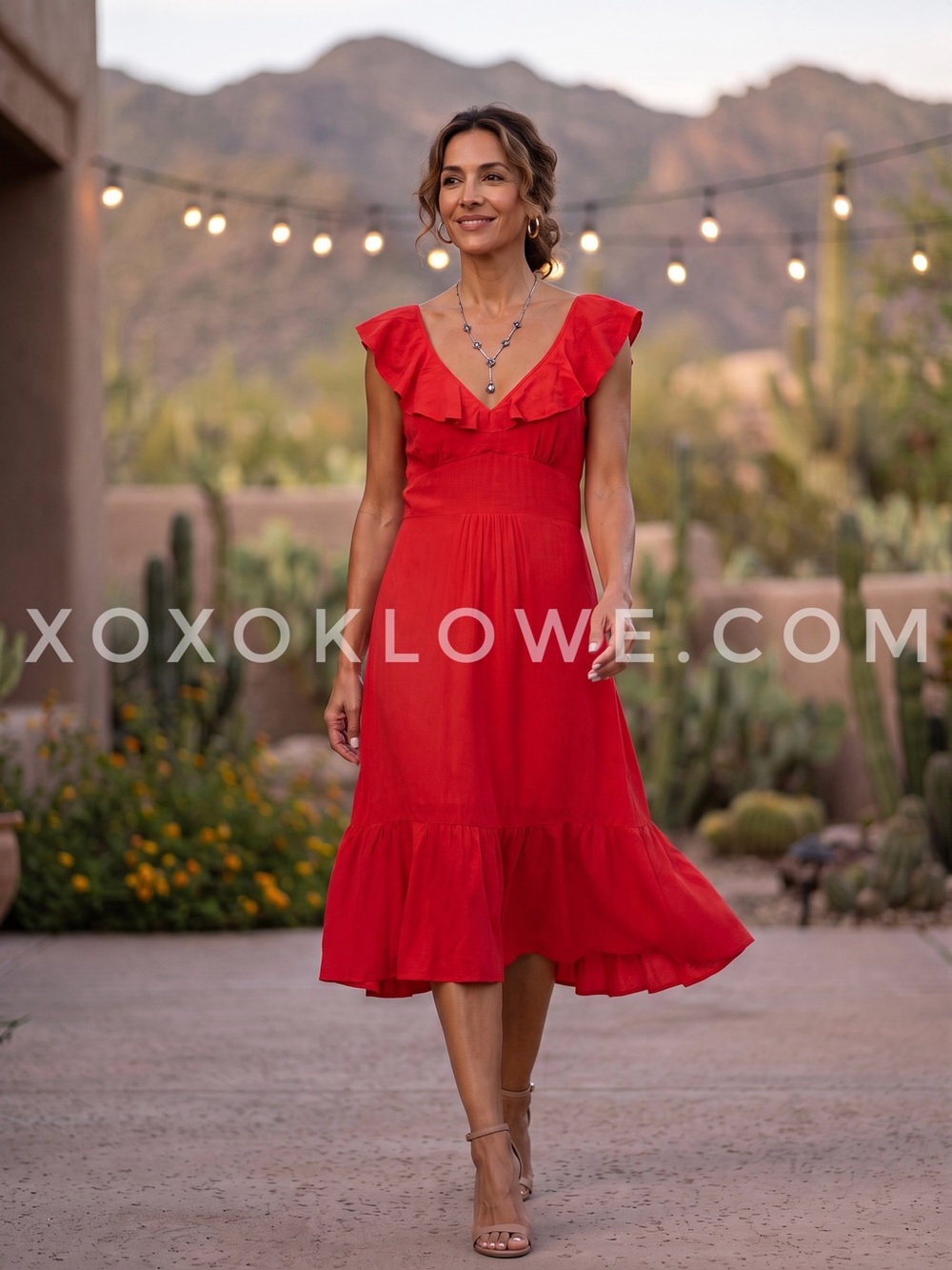 Red Ruffle Midi Dress | V Neck Flutter Sleeve Empire Waist